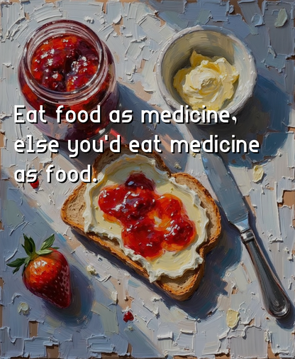 Painting of toast with cream and jam, jar of jam, bowl of butter, knife, and strawberry on a textured surface.