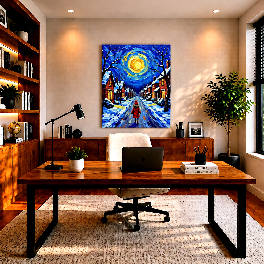 Home office with a wooden desk, chair, and wall art depicting a snowy street scene.