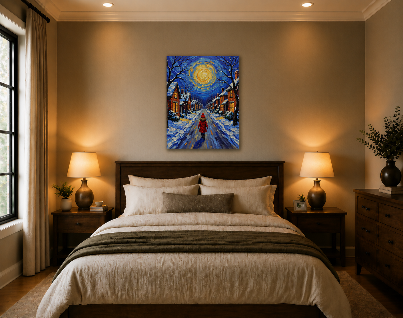 Bedroom with a bed, nightstands, lamps, and a painting of a snowy street scene on the wall.