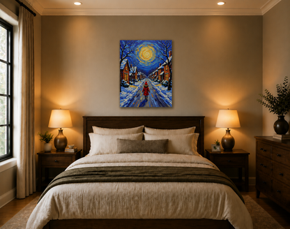 Bedroom with a bed, nightstands, lamps, and a painting of a snowy street scene on the wall.