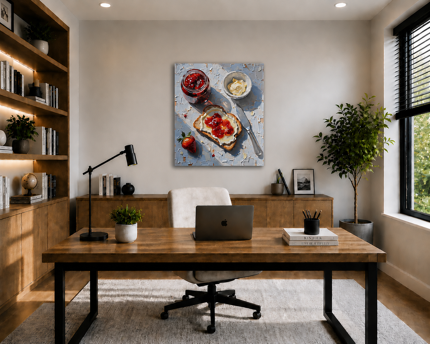 Modern home office with wooden desk, chair, and wall art