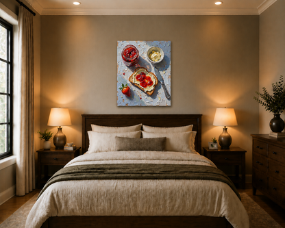 Bedroom with a painting of food on the wall above the bed