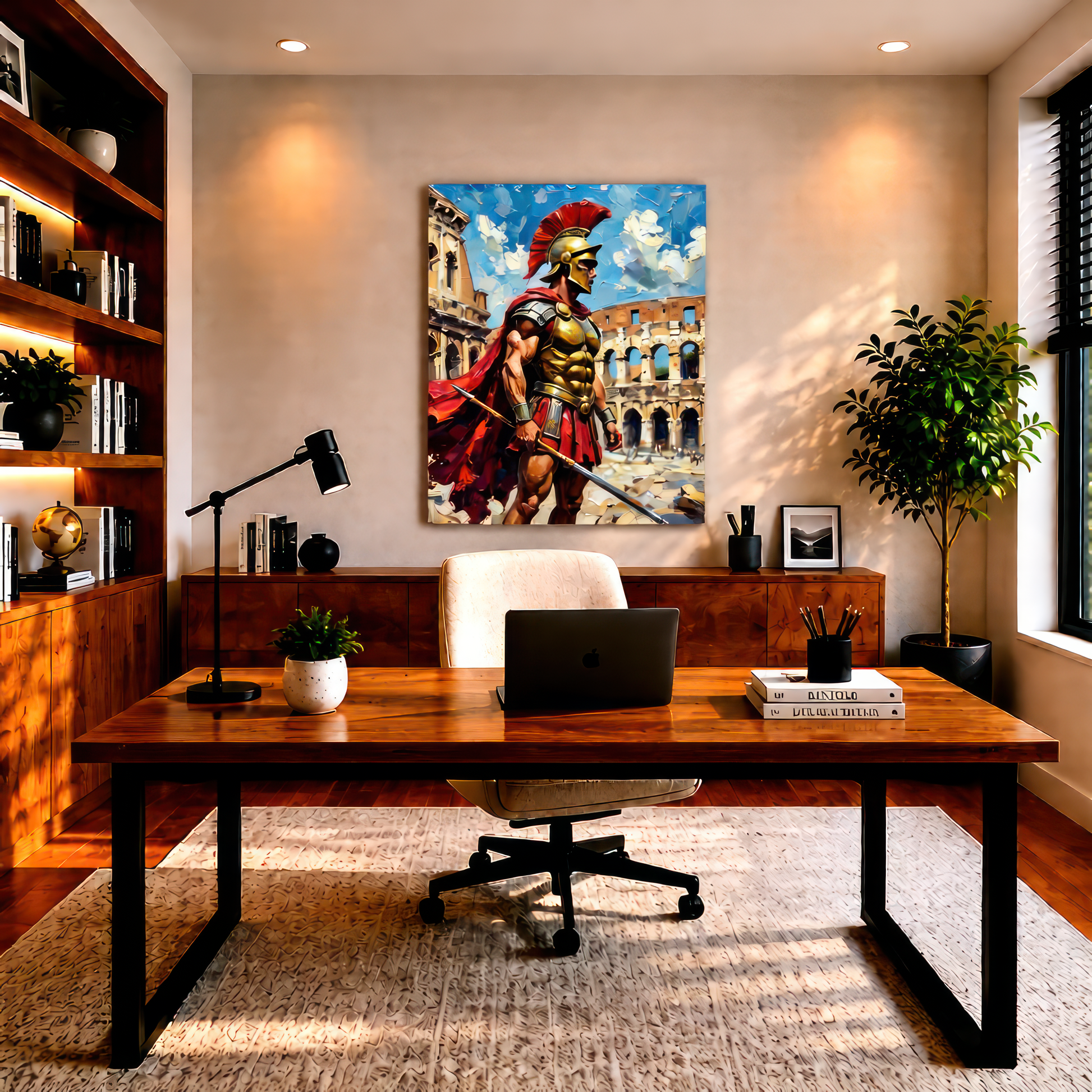 Modern home office with wooden desk, laptop, and decorative elements.