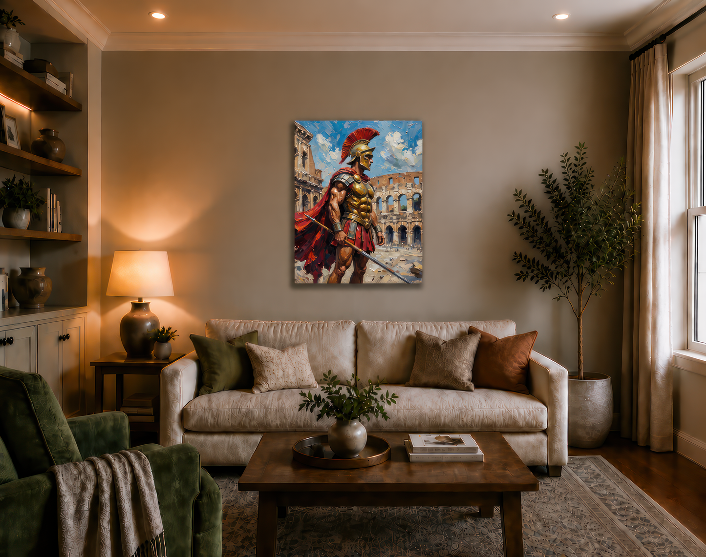 Canvas Wall Art of a Gladiator in front of Colosseum Stretched Matte Print