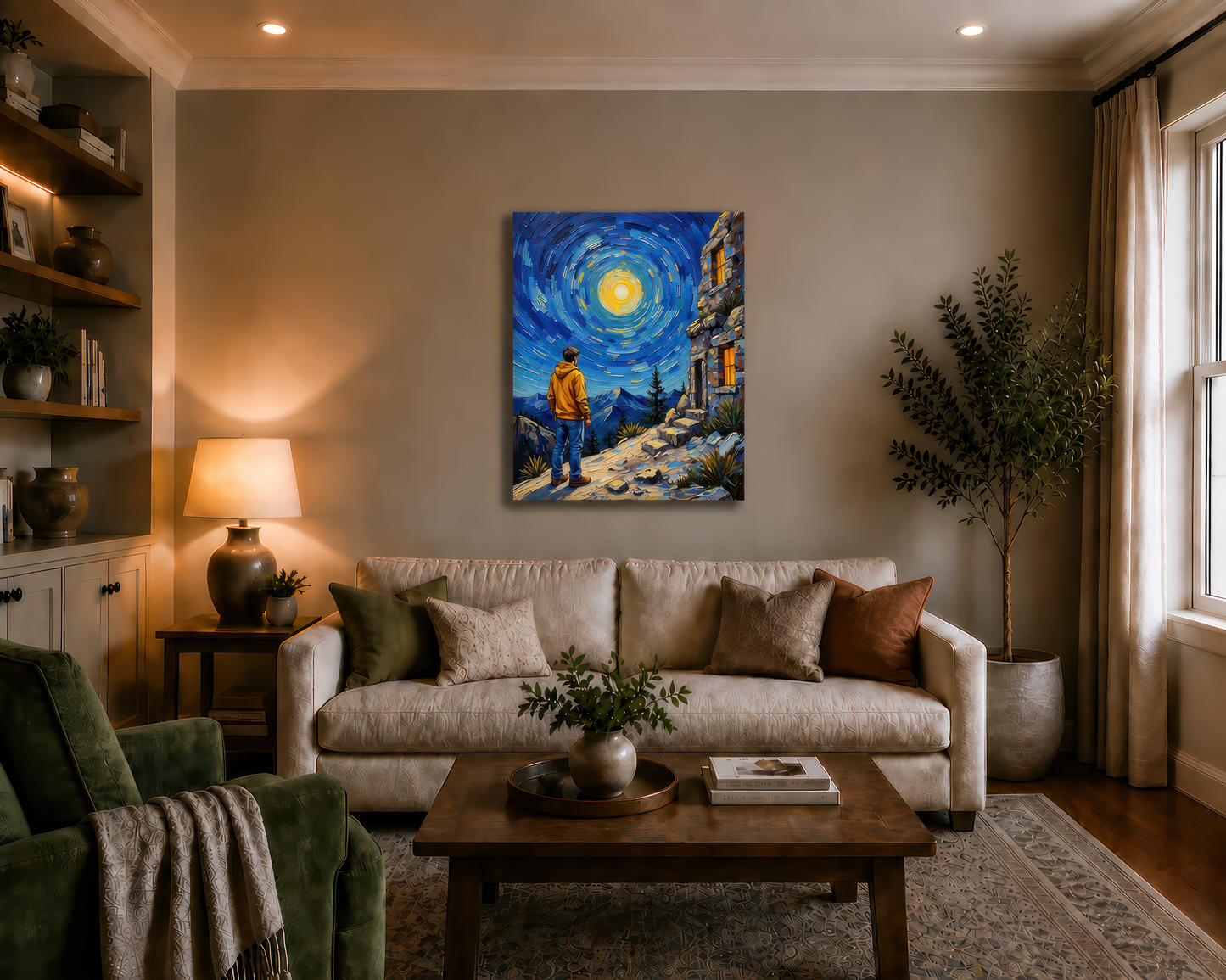 Living room with a couch, coffee table, and wall art of a starry night scene.