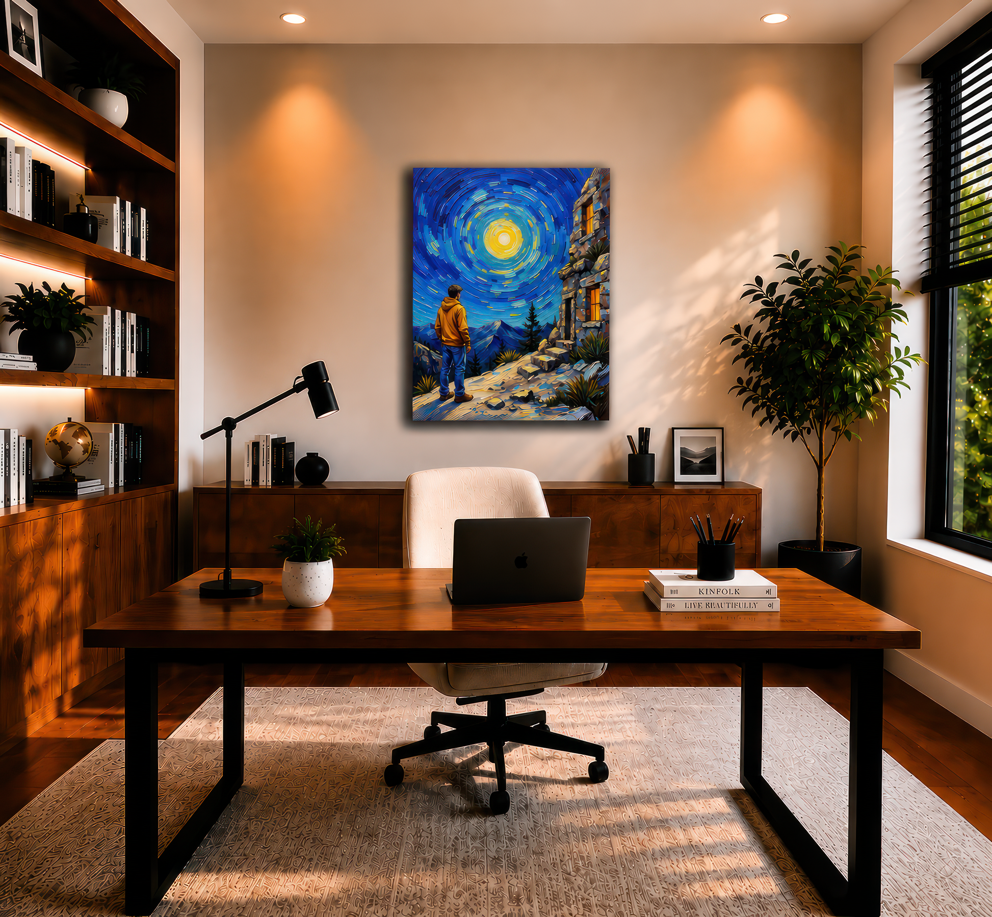Modern home office with a desk, chair, and wall art