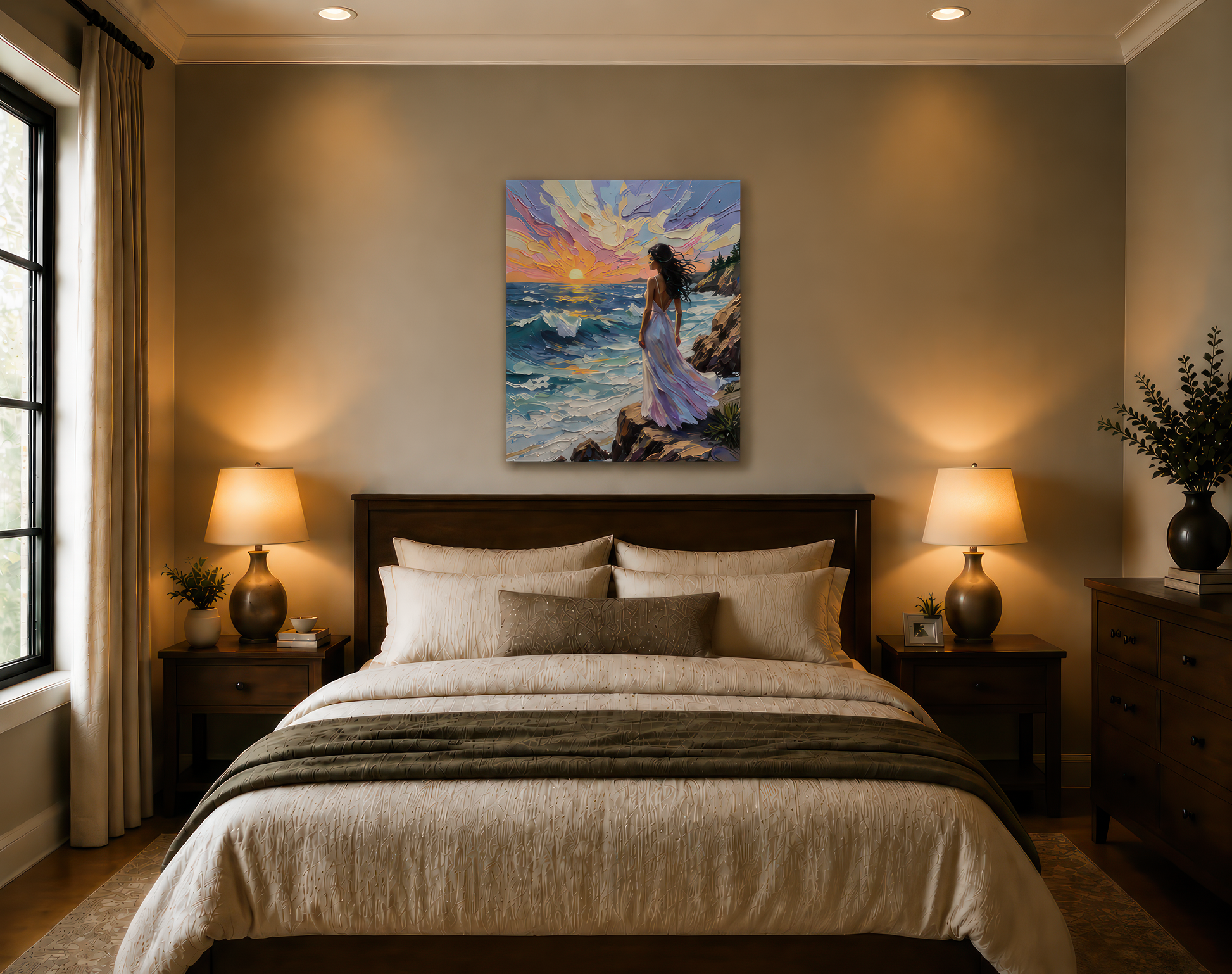 Bedroom with a painting of a woman by the sea on the wall above the bed.