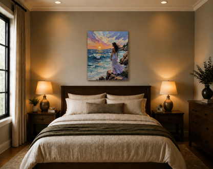 Bedroom with a painting of a woman by the sea on the wall above the bed.
