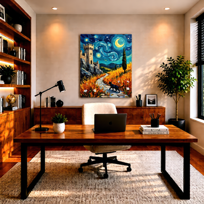 Home office with wooden desk, laptop, books, and decorative items.