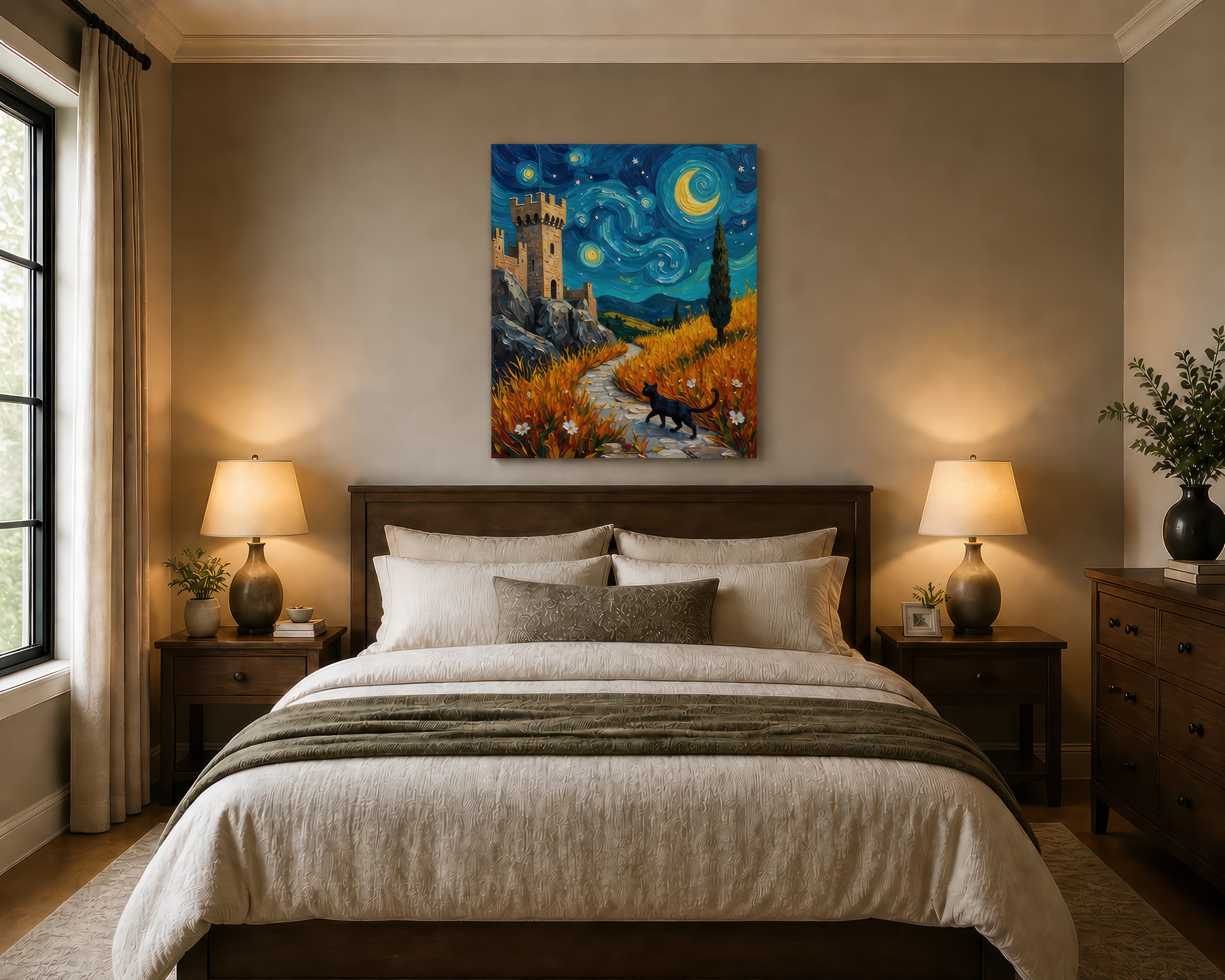 Bedroom with a painting of a castle on a hill above a bed.