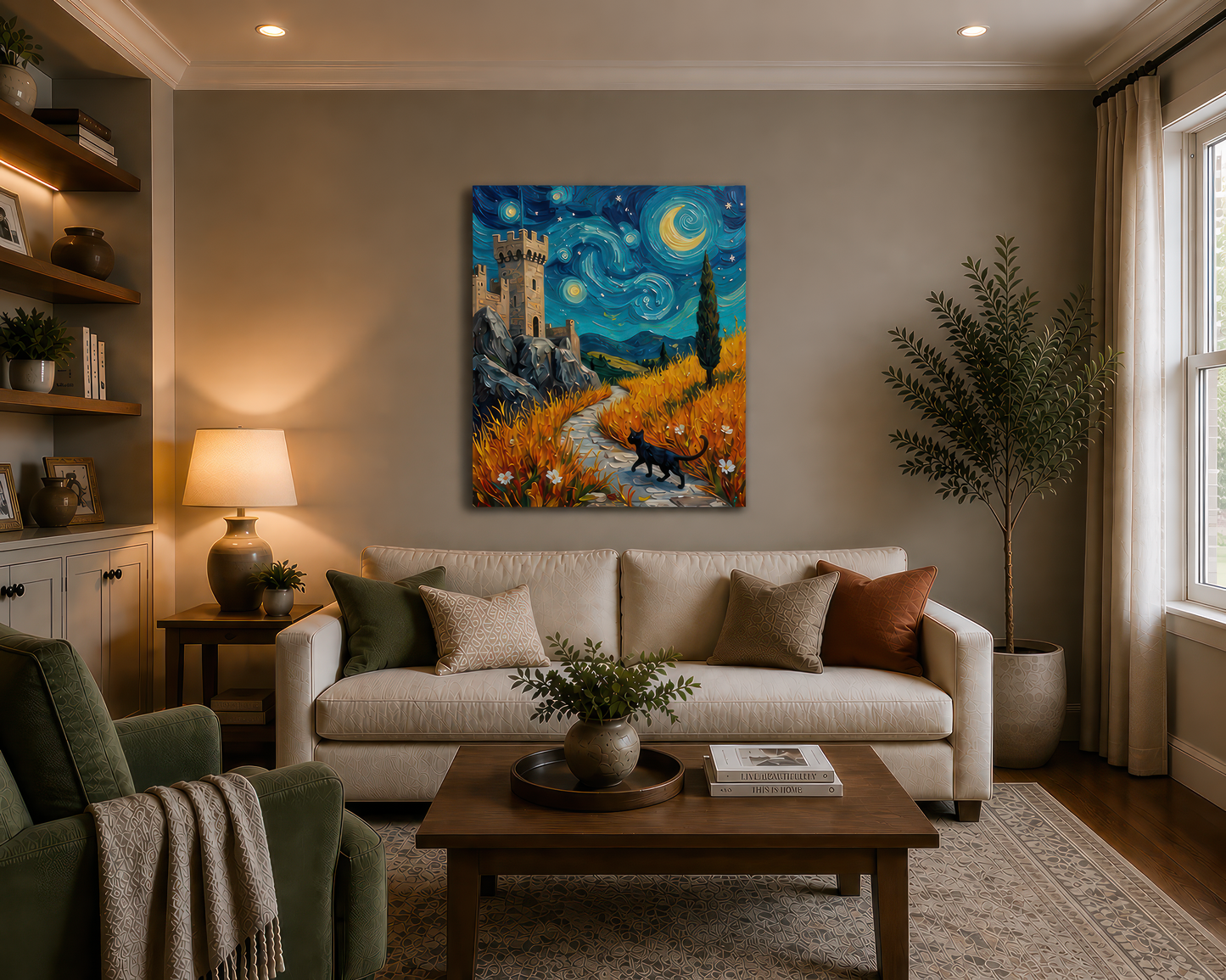 Living room with a painting of a castle and landscape on the wall above a beige sofa.