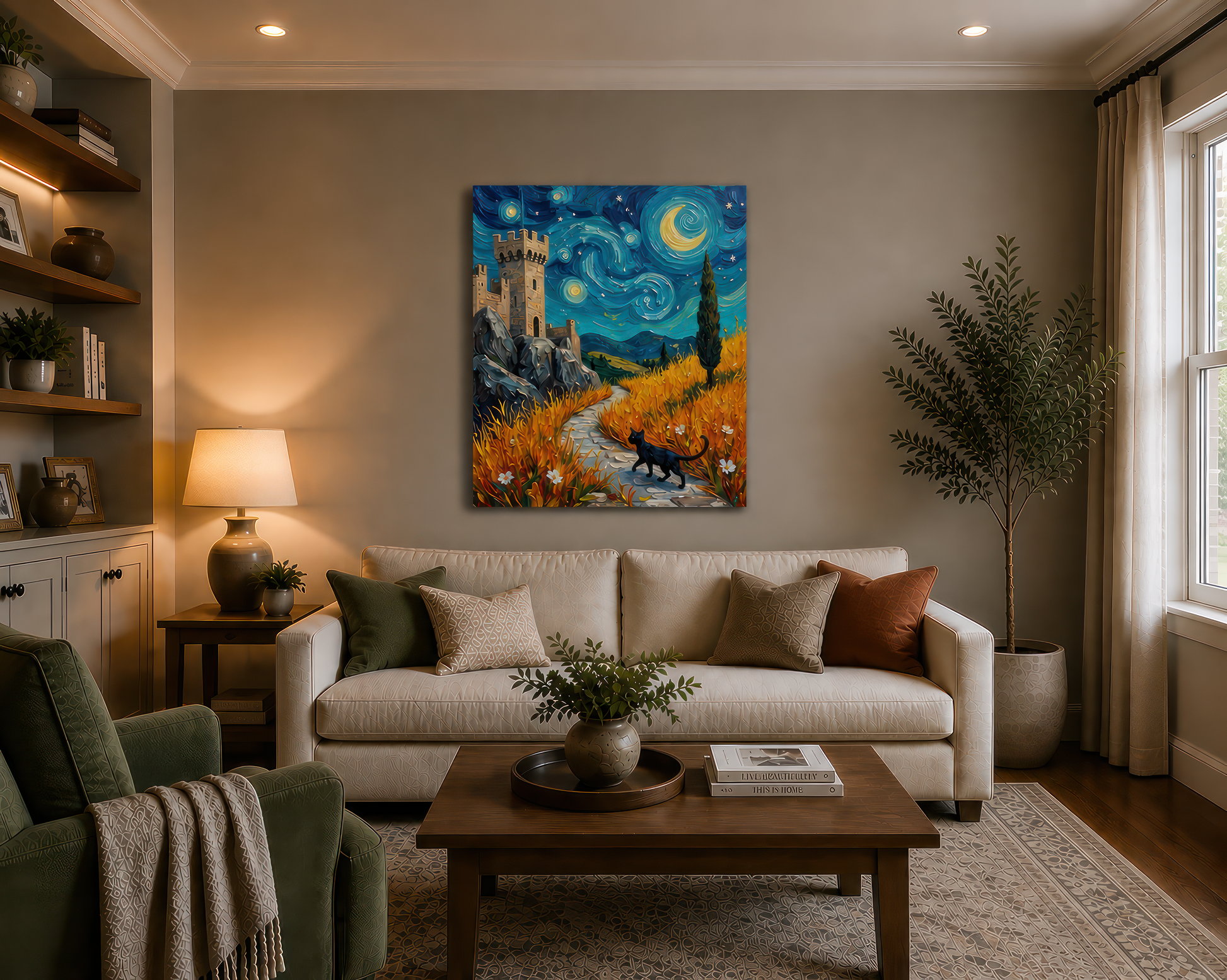 Living room with a painting of a castle and landscape on the wall above a beige sofa.