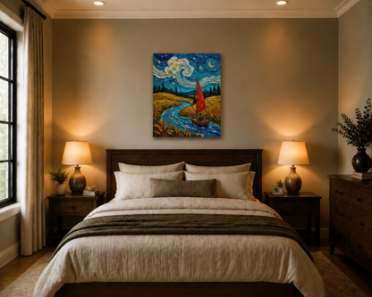 Bedroom with a painting above the bed, two lamps on either side, and a window on the left.