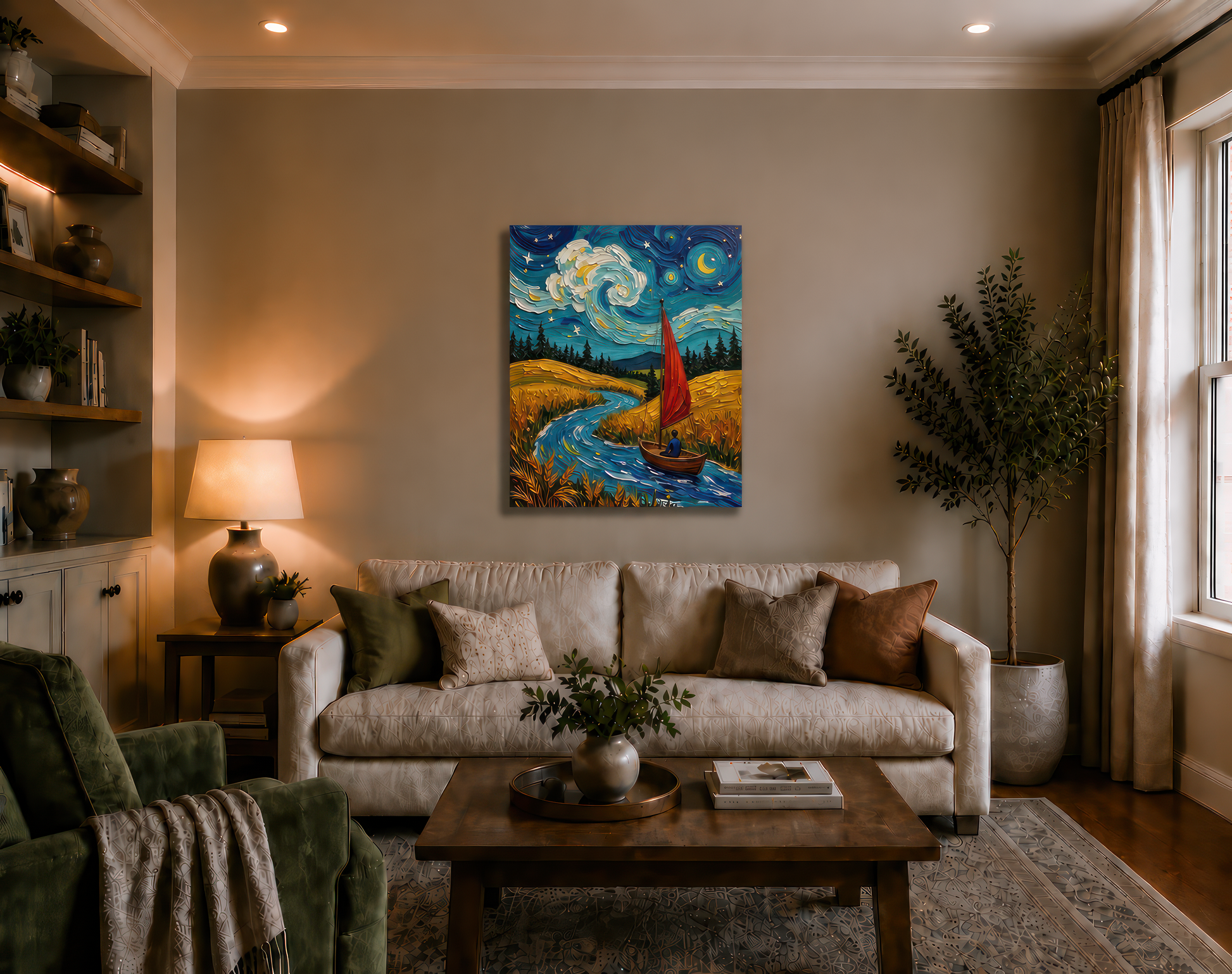 Living room with a couch, coffee table, and wall art depicting a boat on water.