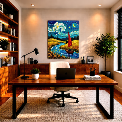 Home office with a wooden desk, laptop, and decorative items.