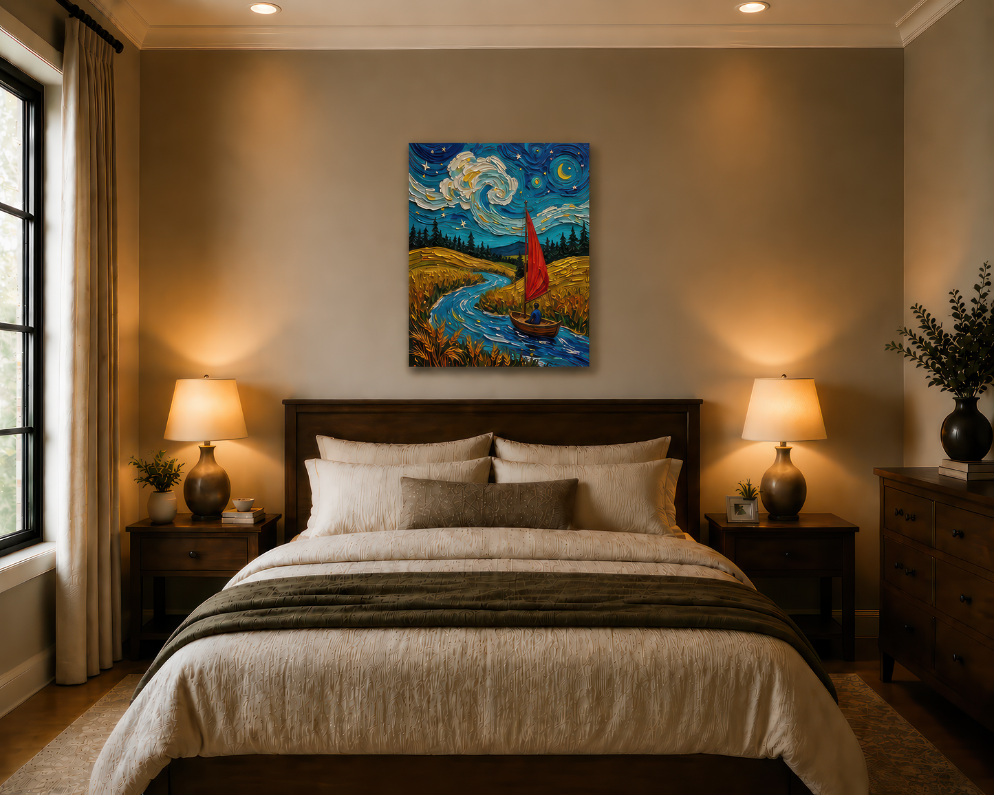 Bedroom with a painting above the bed, two lamps on either side, and a window on the left.
