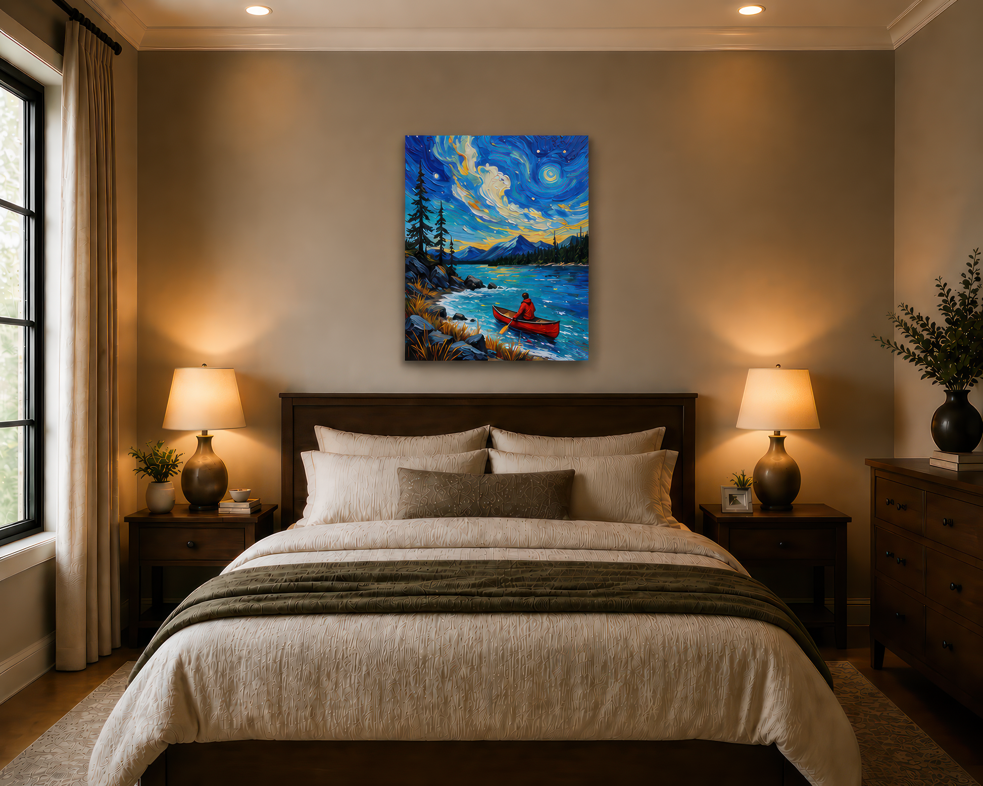 Bedroom with a painting of a person in a canoe on a lake above the bed.