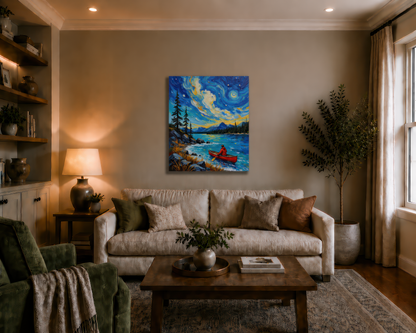 Living room with a couch, coffee table, and wall art of a night scene with a canoe.