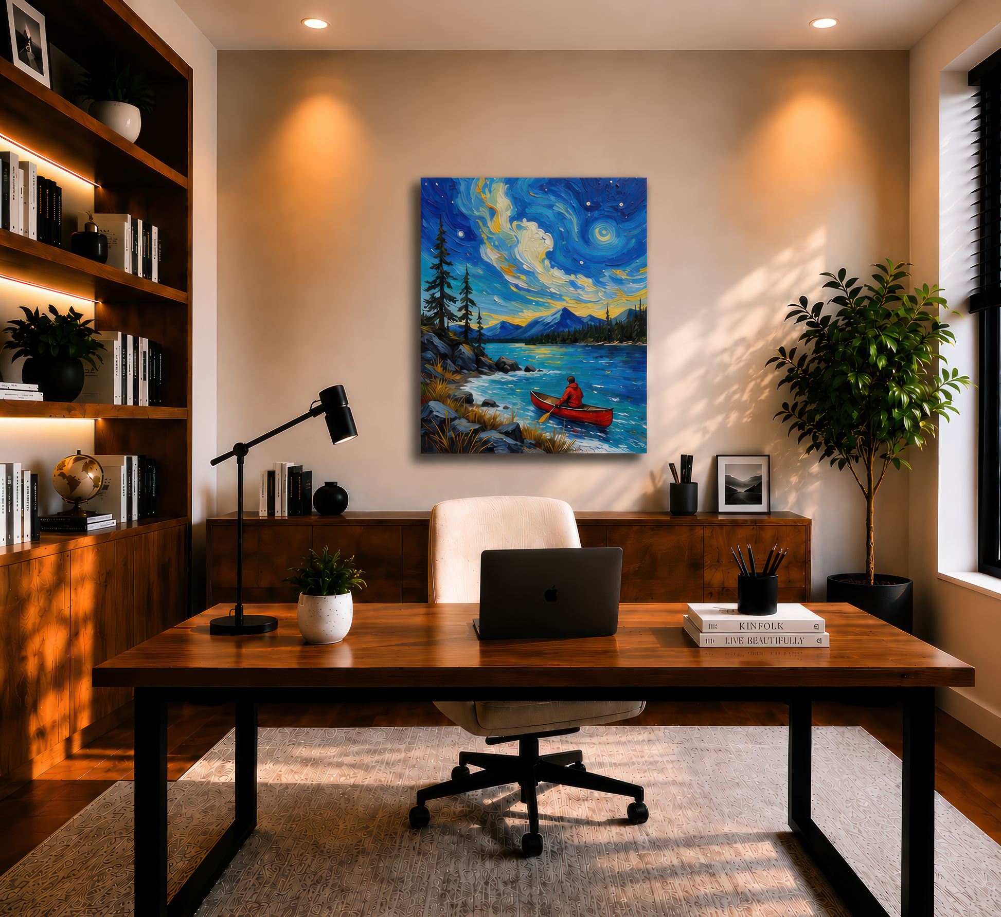 Home office with wooden desk, chair, laptop, and decorative elements.