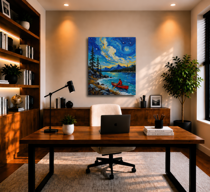 Home office with wooden desk, chair, laptop, and decorative elements.