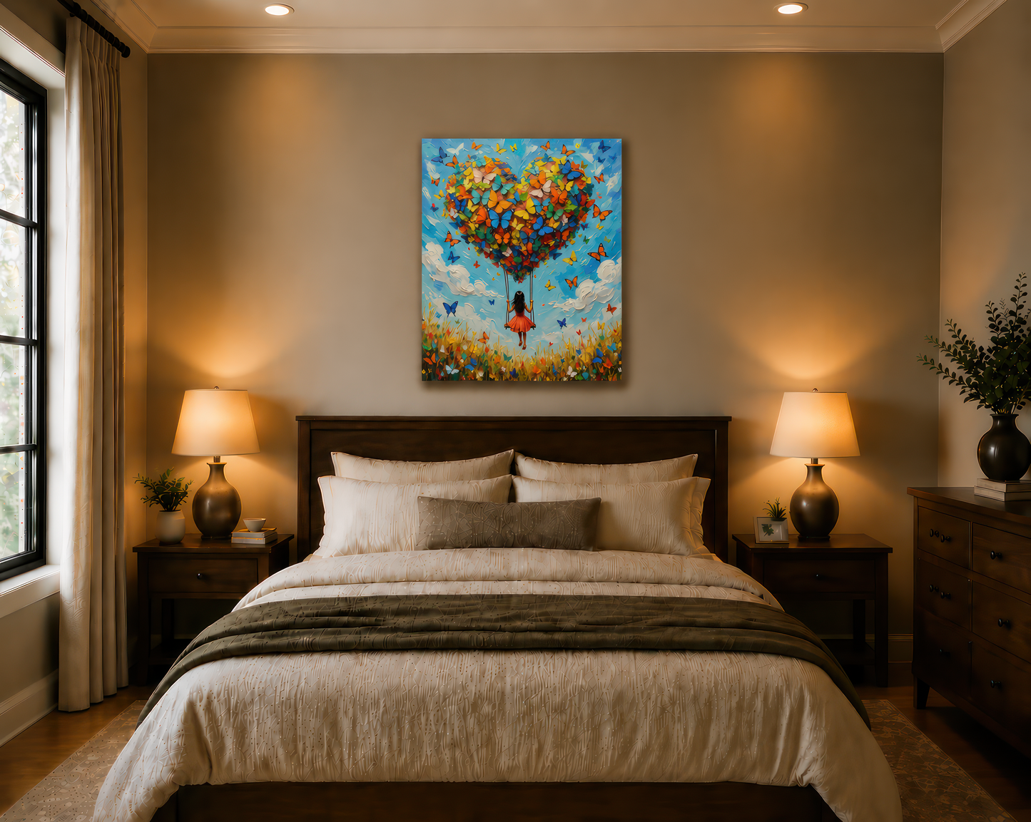 Bedroom with a colorful painting above the bed