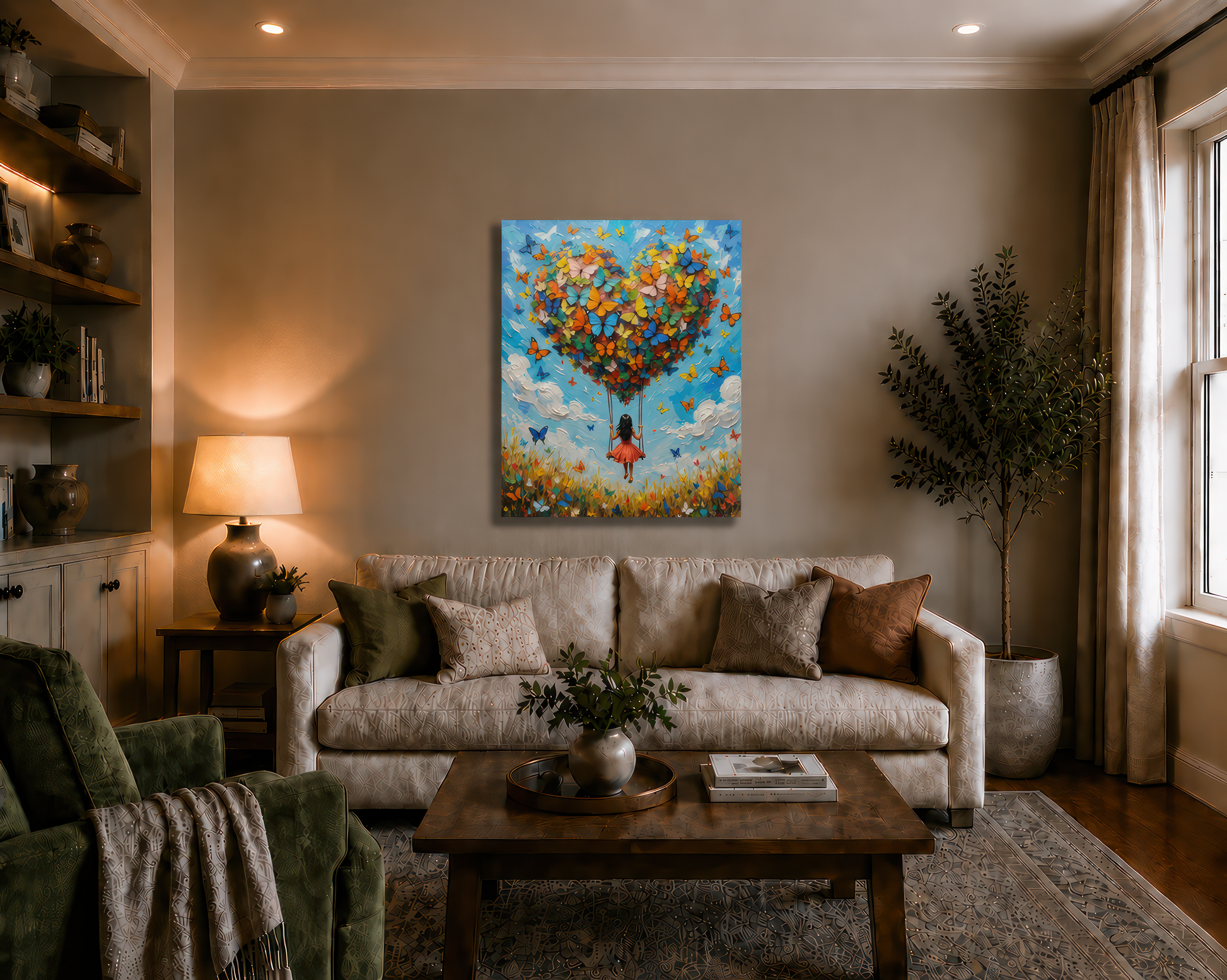 Living room with a colorful painting of balloons and a person on the wall above a beige sofa.