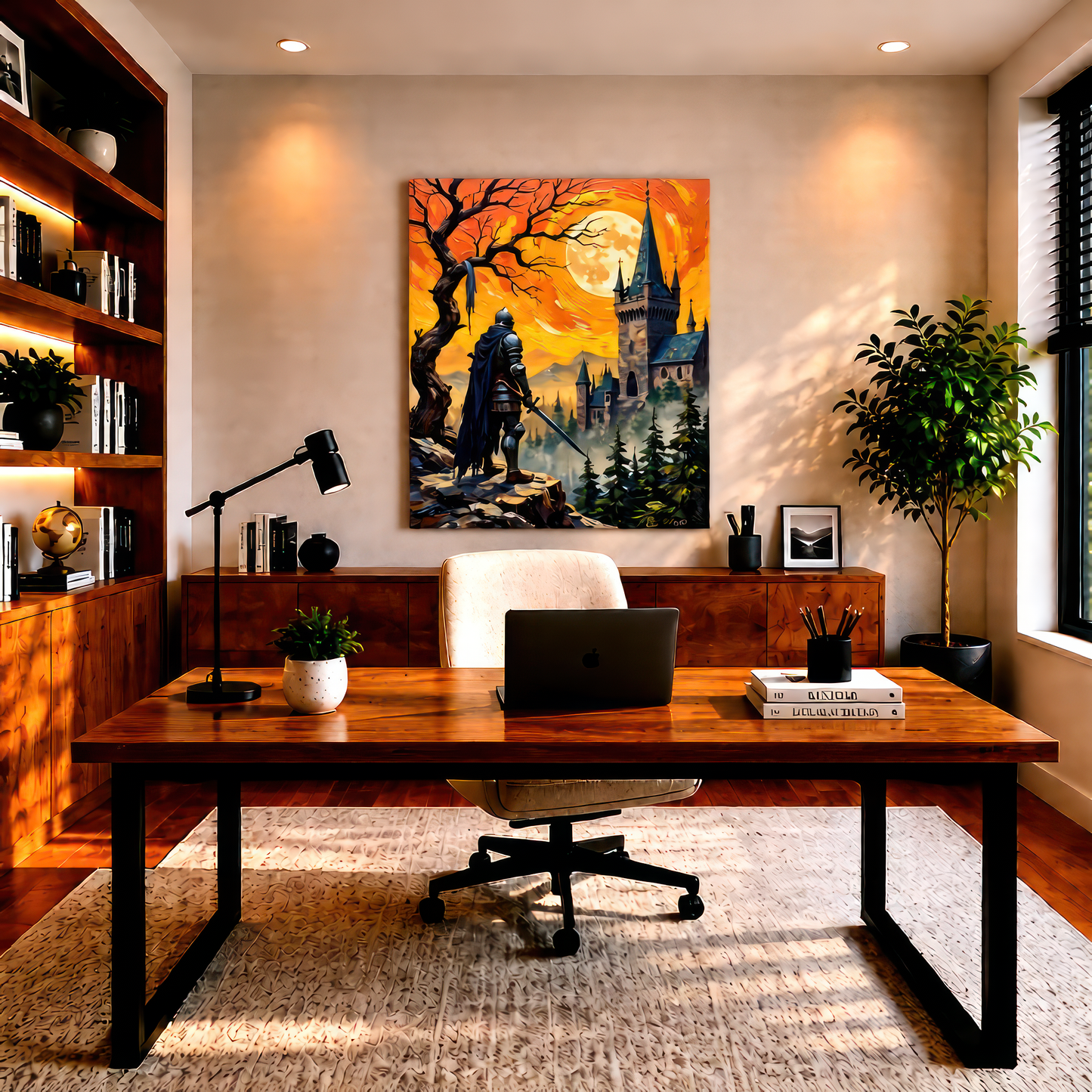 Home office with a wooden desk, chair, and decorative wall art.