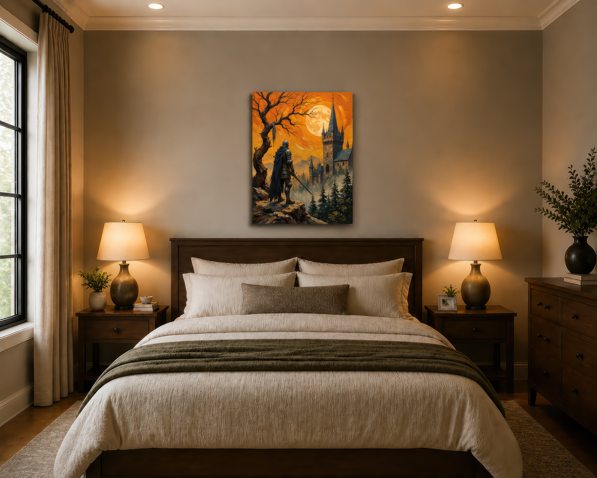 Cozy bedroom with a painting above the bed, two lamps on either side, and a dresser.