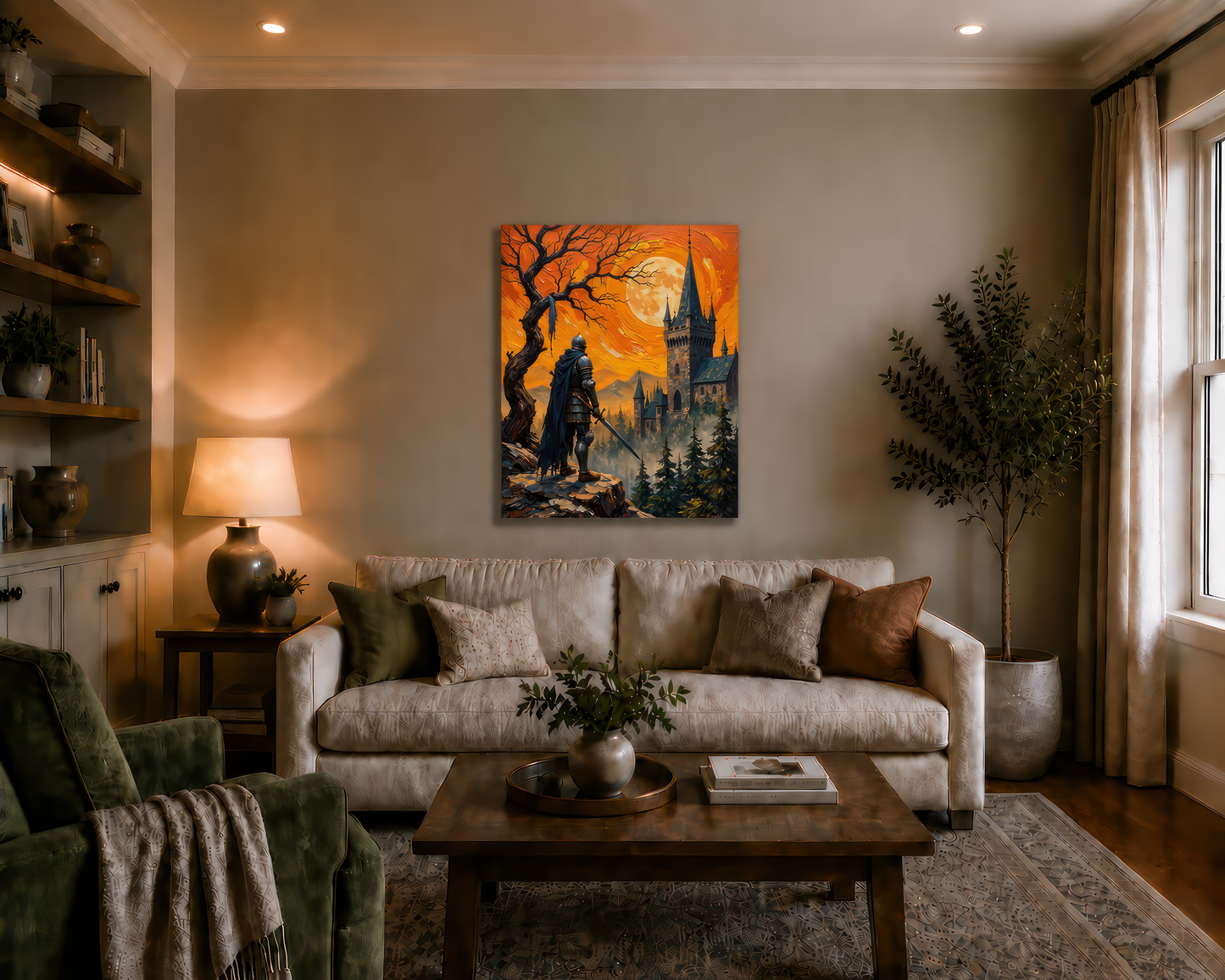 Living room with a couch, coffee table, and wall art depicting a warrior and castle.
