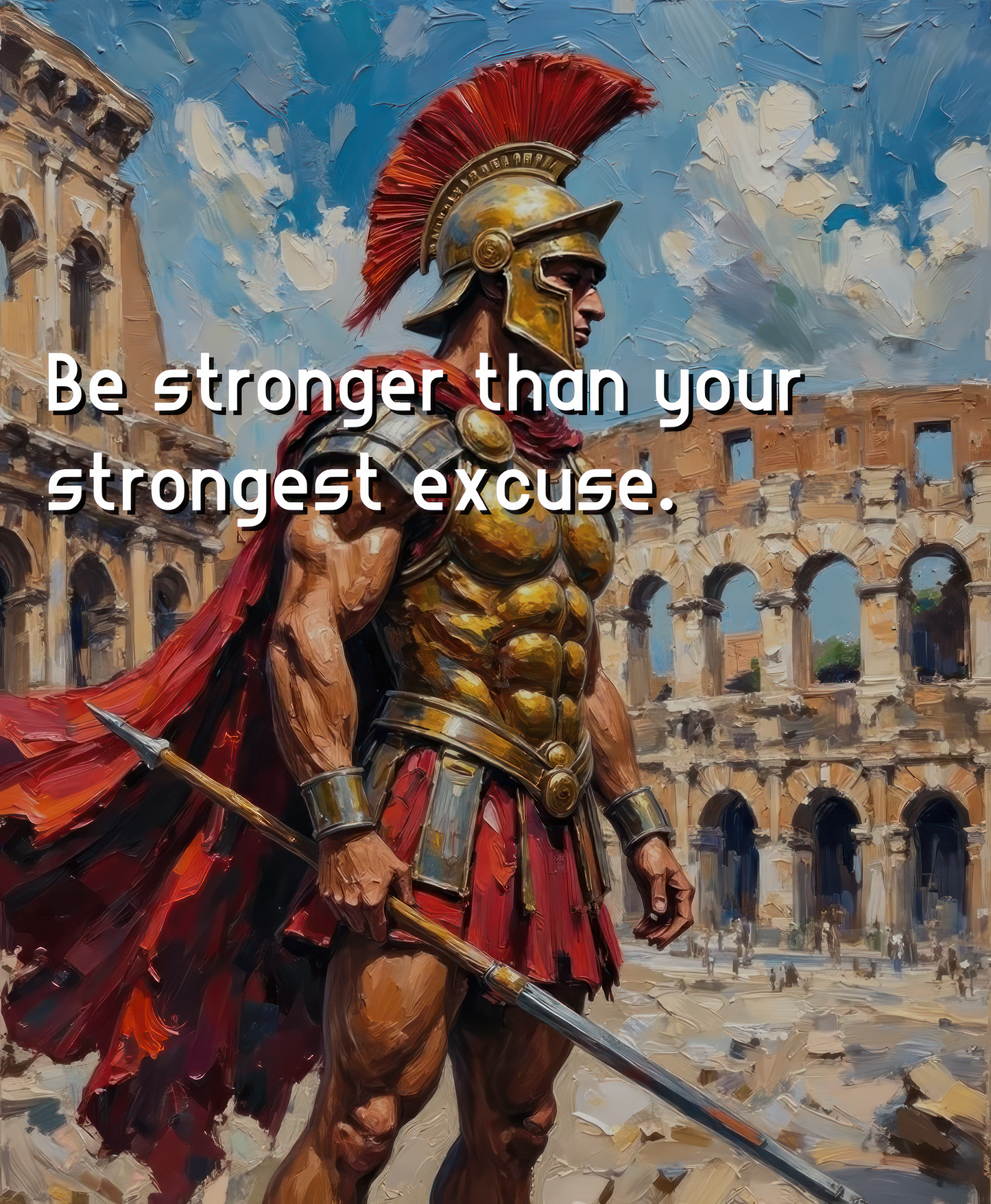 Roman warrior with armor and spear in front of the Colosseum, with motivational text overlay.
