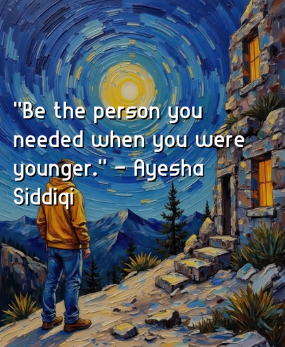 Person standing in a scenic landscape with a quote by Ayesha Siddiqui, set against a starry night sky.