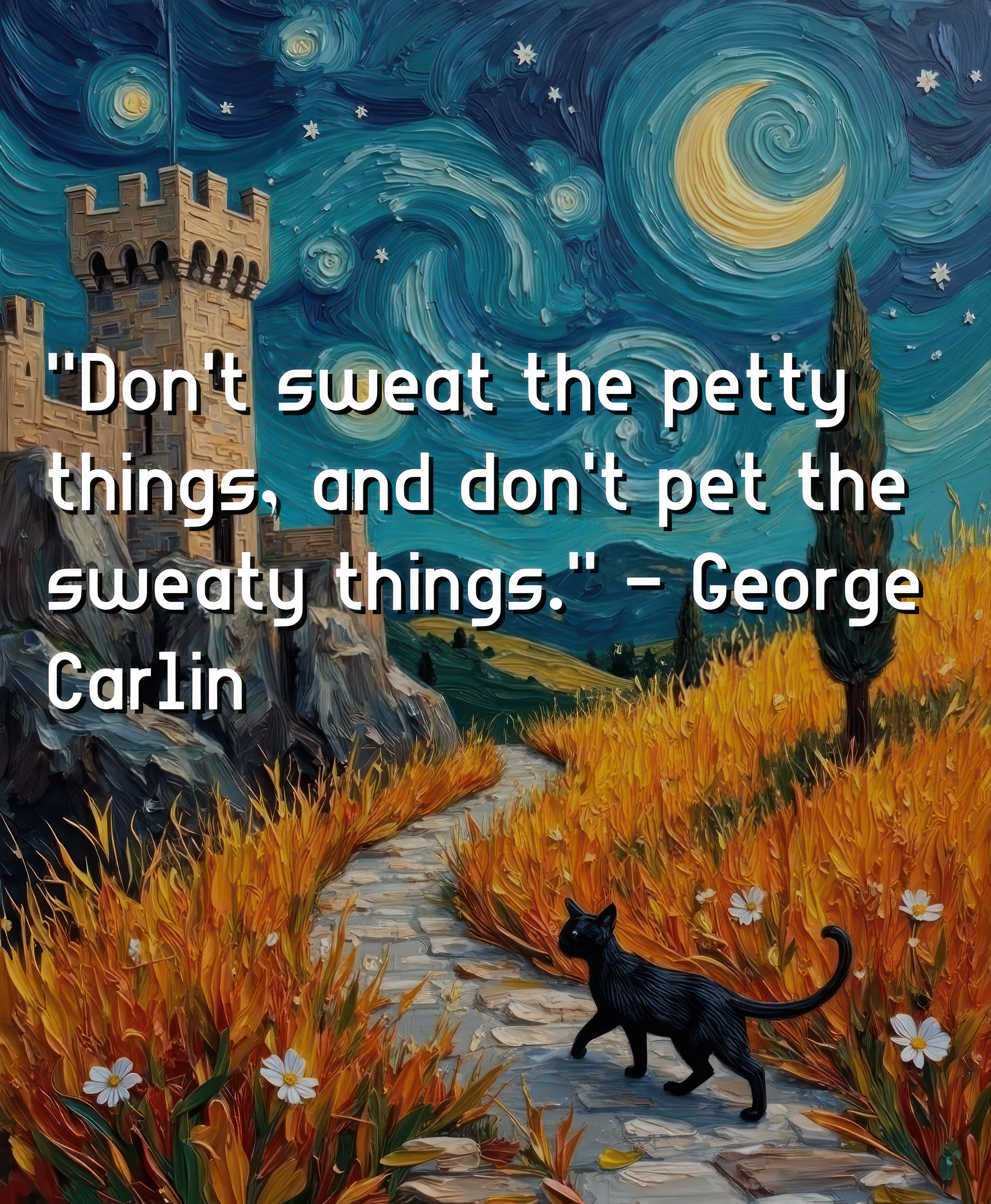 Painting of a black cat walking on a path with a castle and starry night sky in the background, featuring a George Carlin quote.