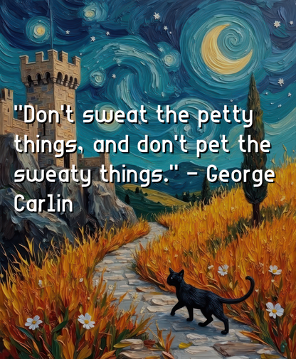 Painting of a black cat walking on a path with a castle and starry night sky in the background, featuring a George Carlin quote.