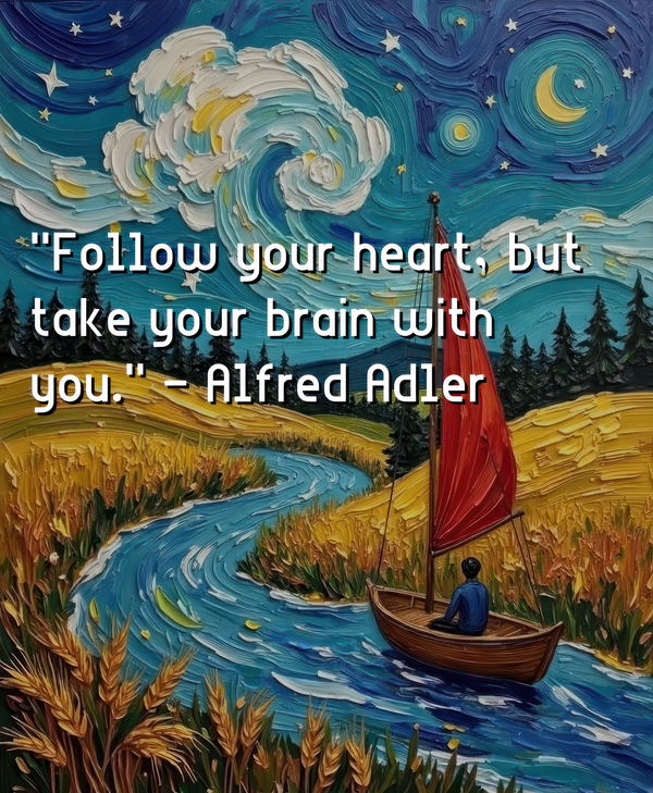 Starry night landscape with a boat and a quote by Alfred Adler.