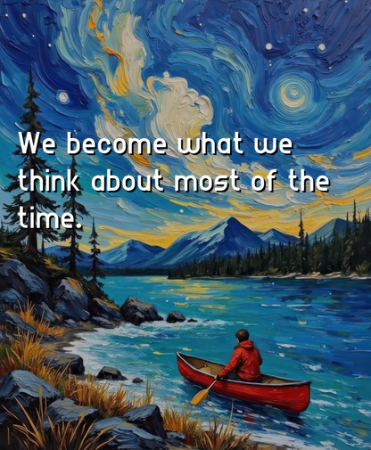 Person in a red canoe on a lake with a mountainous landscape and text overlay.