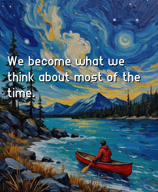 Person in a red canoe on a lake with a mountainous landscape and text overlay.