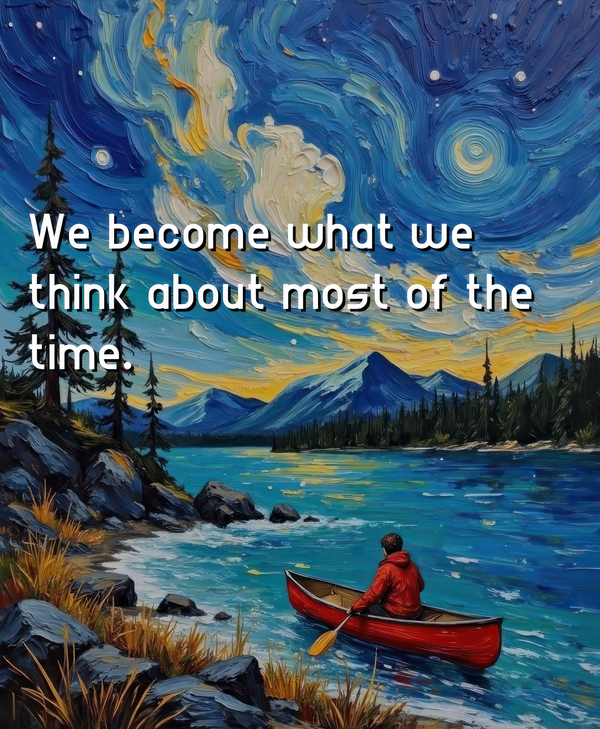Person in a red canoe on a lake with a mountainous landscape and text overlay.