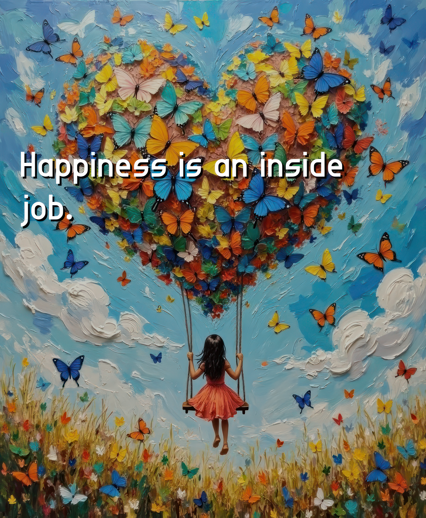 Colorful butterfly hot air balloon with a child on a swing, set against a blue sky with clouds.
