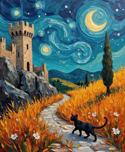 Canvas Print — Cat Wondering About on a Starry Night Van Gogh Style — Wall Art Oil Painting