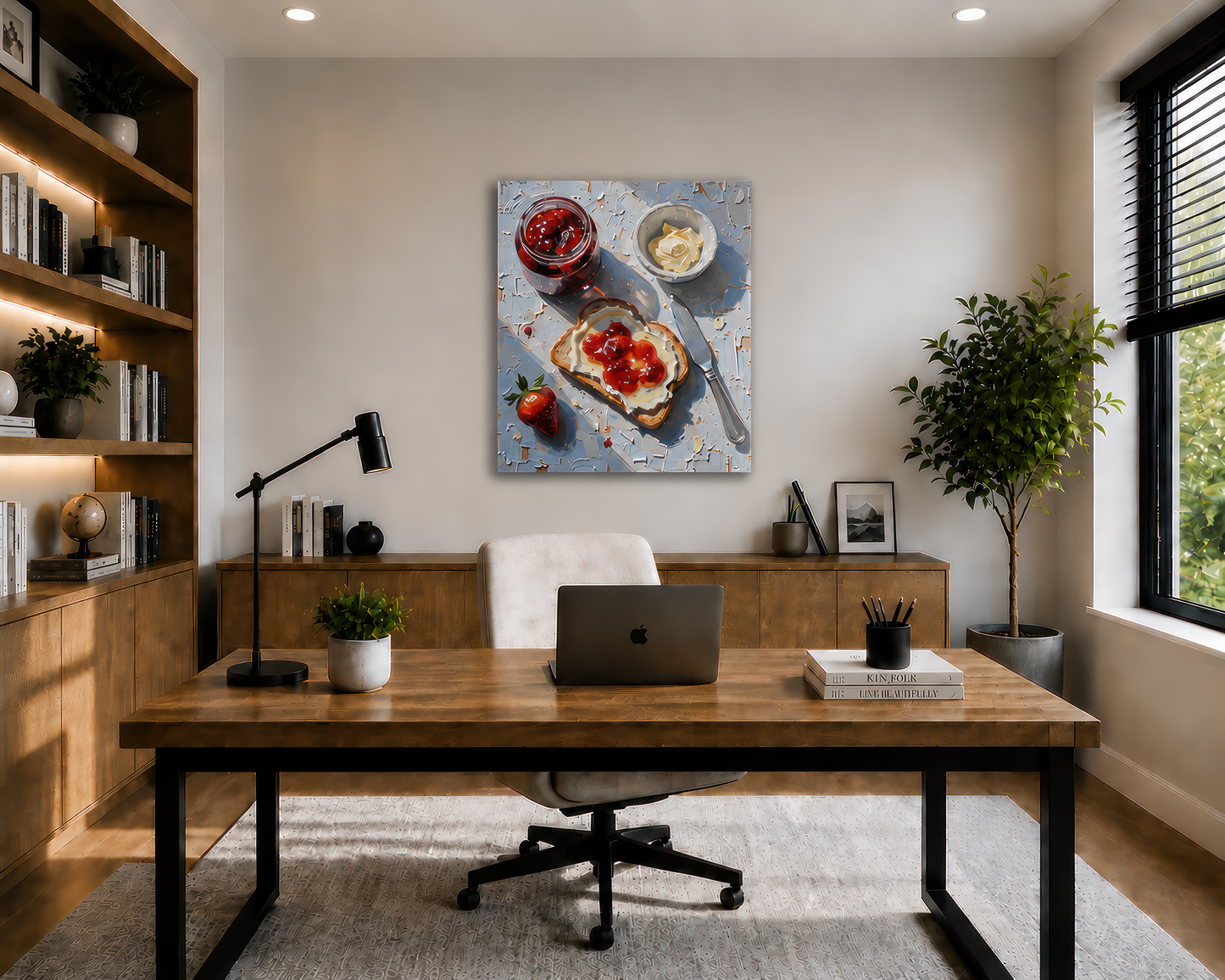 Modern home office with wooden desk, chair, and wall art