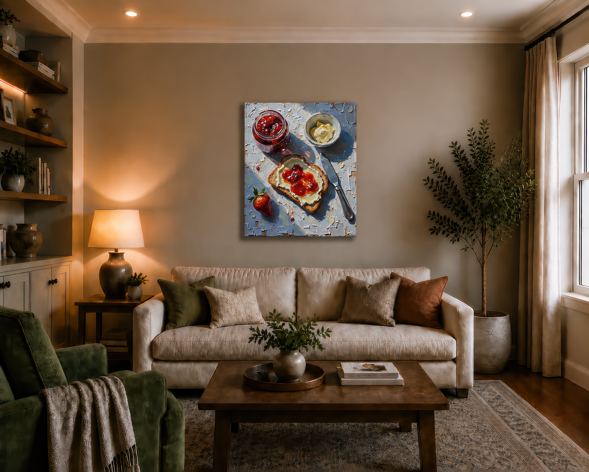 Living room with a beige sofa, green armchair, and a painting on the wall.
