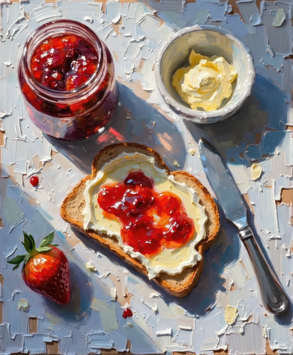 Painting of a toast with cream cheese and jam, accompanied by a jar of jam, a bowl of cream cheese, a knife, and a strawberry on a textured surface.