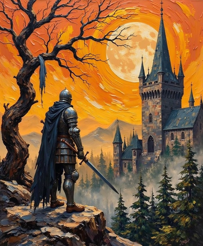  armored figure with a sword standing on a cliff overlooking a castle at sunset.