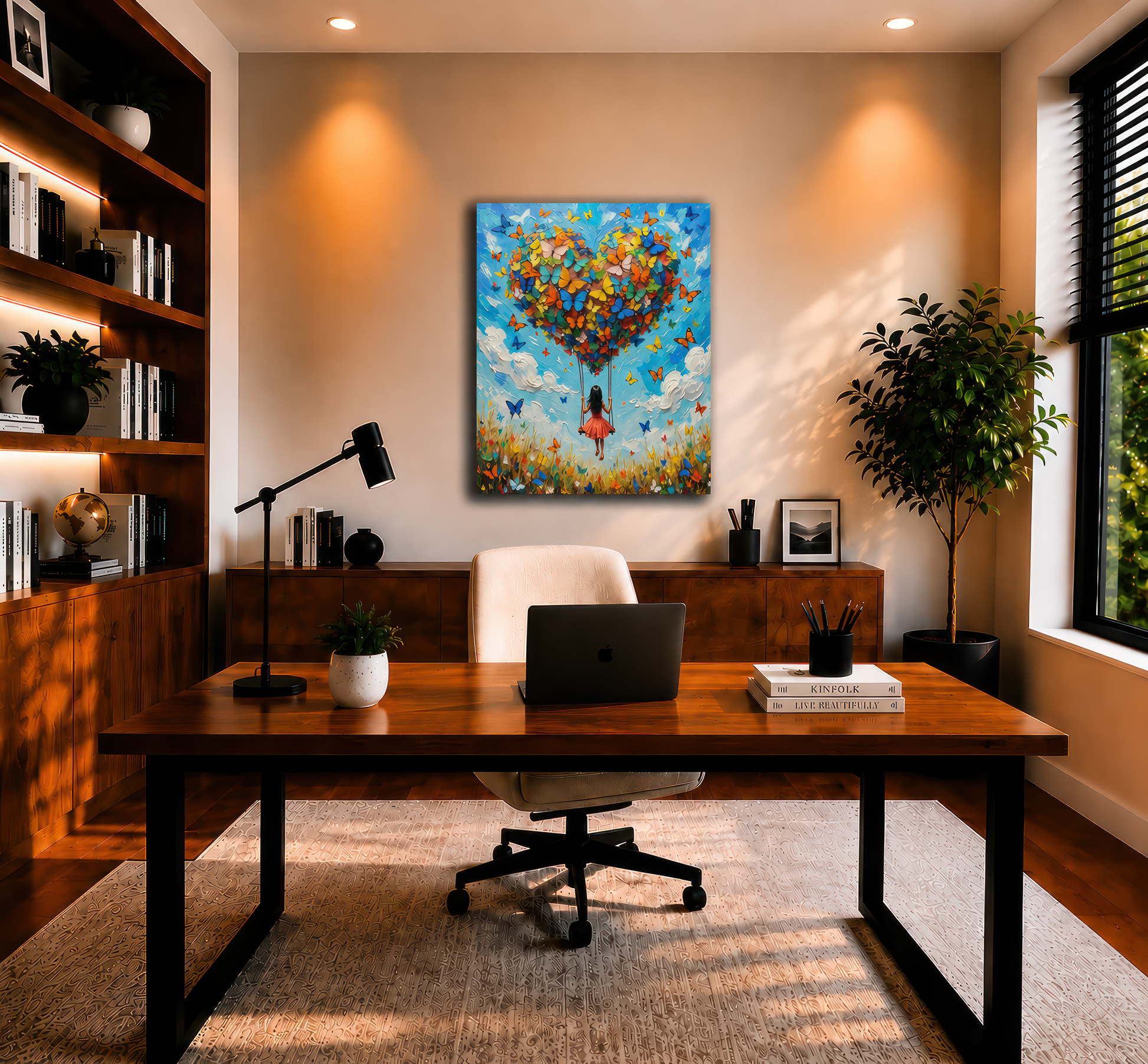 Home office with a wooden desk, chair, and decorative wall art.