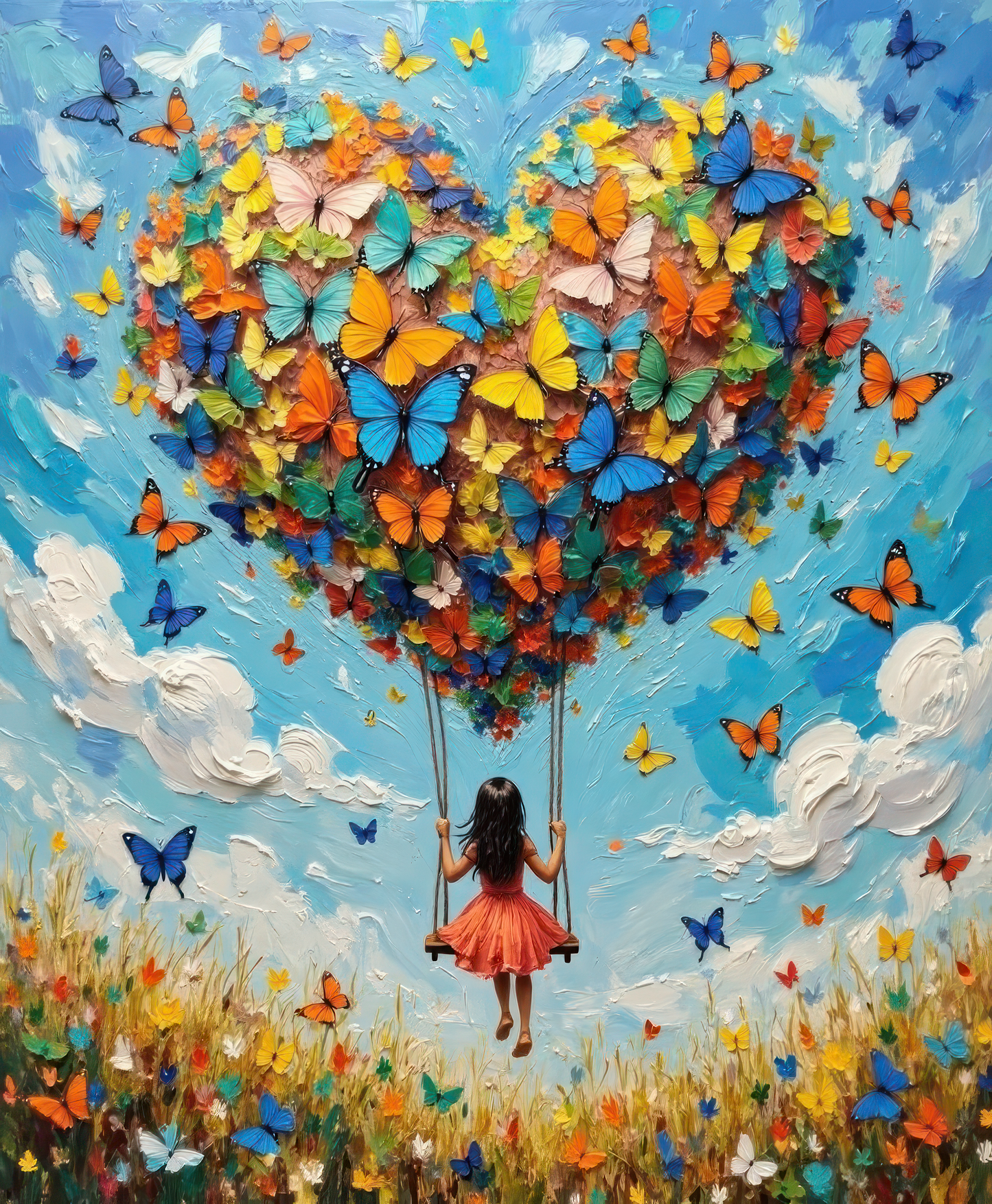 Canvas Print of A Girl on A Swing Lifted by Giant Heart-Shaped Balloon Wall Art Oil Painting