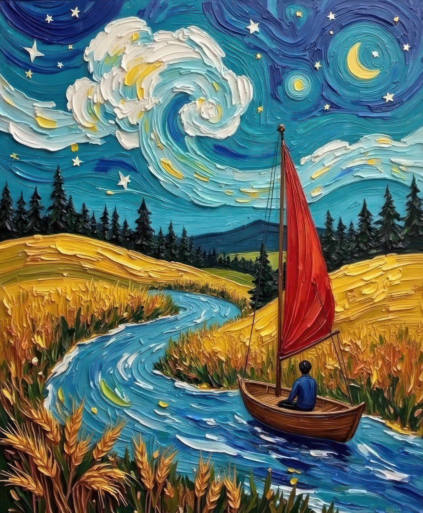 Painting of a boat with a red sail on a river under a starry night sky.