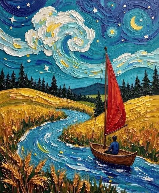 Painting of a boat with a red sail on a river under a starry night sky.