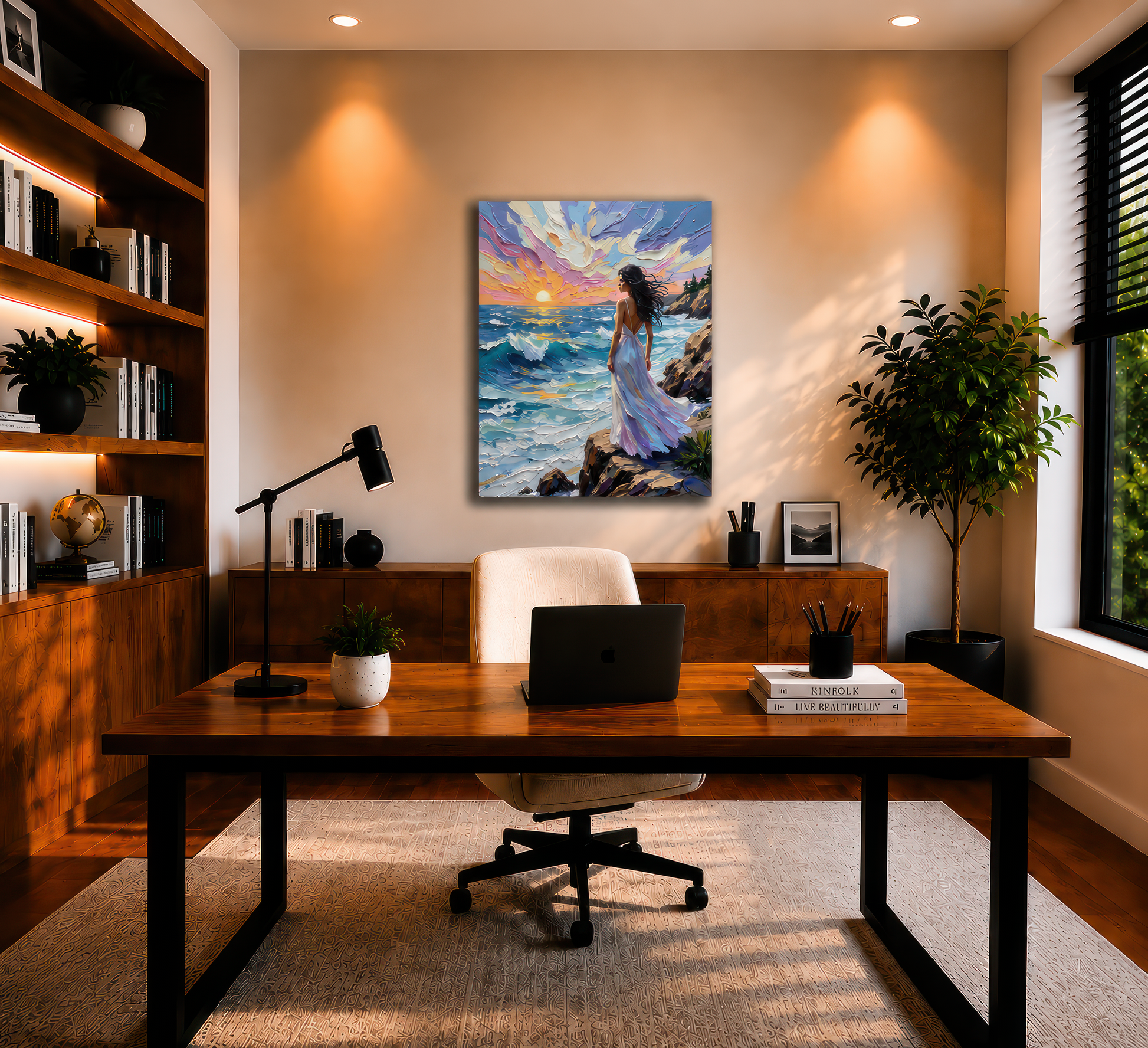 Home office with wooden desk, chair, laptop, and decorative elements.