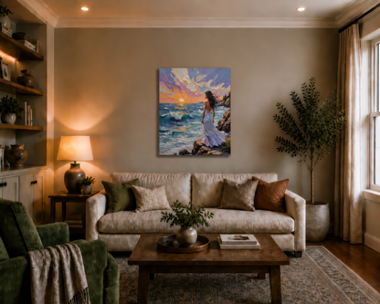 Living room with a couch, coffee table, and wall art of a woman by the ocean.