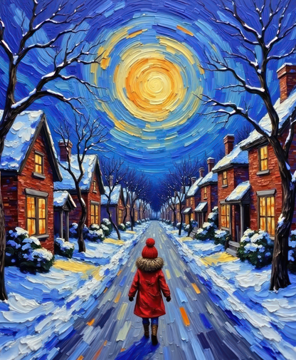 Winter scene with a person in a red coat walking down a snowy street under a starry night sky.